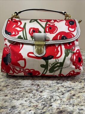 Coach Poppy 22439 Hard to Find Floral Embroidered 2 Way Crossbody Handbag Red